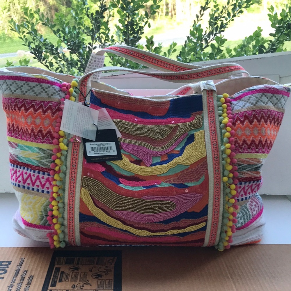 America & Beyond Beaded embroidered large Tote NWT
